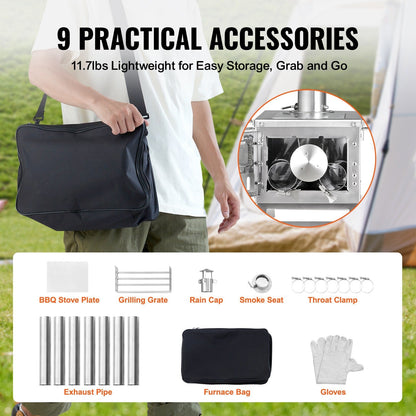 Wood Stove Camping Tent Stove 80 Inch Stainless Steel, 700in³ Firebox, 8 Accessories, BBQ Grill Plate