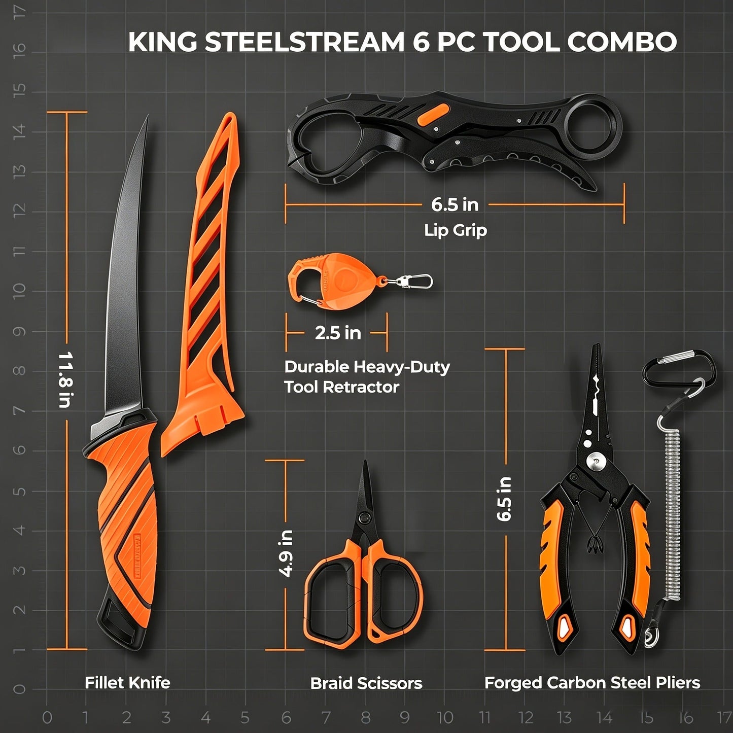 Fishing Tool Kit 6-Piece Corrosion Resistant Pliers Fillet Knife Fish Lip Gripper Braid Scissors Tool Retractor with Lanyard Fishing Gifts