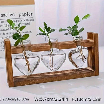 Hydroponic Flower Vase with Wooden Frame Heart-Shaped Pine Glass Bottle for Living Room Desk Home Decor Holiday Gift Single/Double/Triple