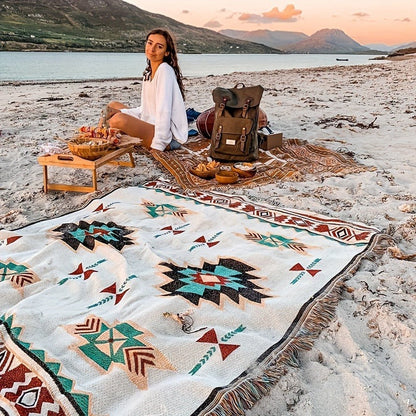 Woven Picnic Blanket with Cream Geometric Bohemian Pattern and 35.43 x 70.86 or 51.18 x 70.86-Inch Sizes