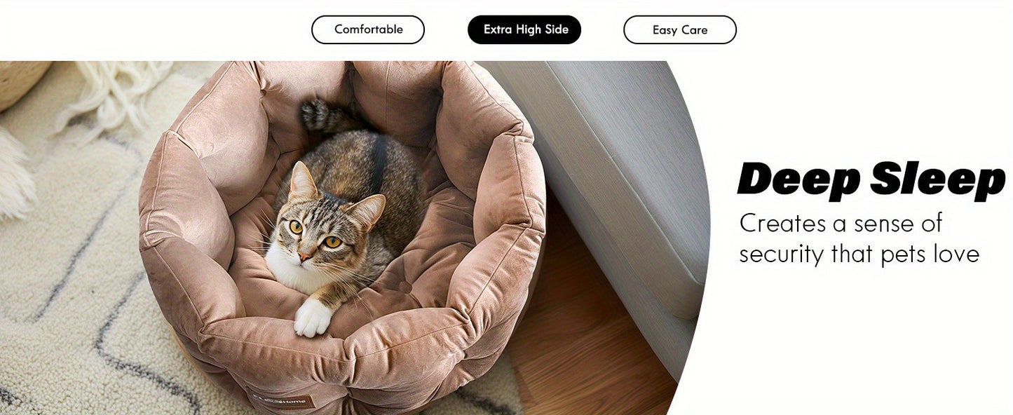 Cat Bed Round Deep Nest for Indoor Cats up to 15lbs, Luxurious Velvet Feel Extra High Sides, Machine Washable Non-Slip Bottom