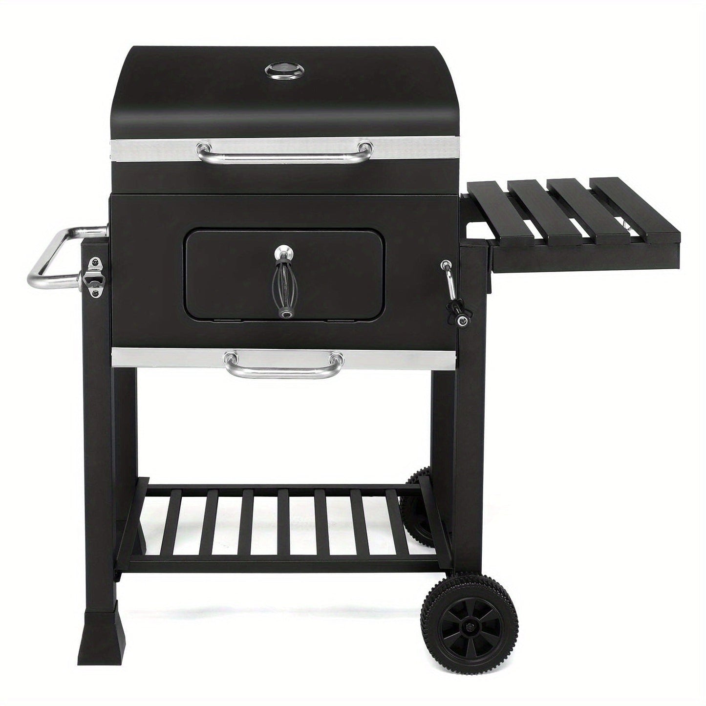 Cart Charcoal Grill with Adjustable Pan, Lid, Wheels, Lower Rack, Thermometer and Folding Side Shelf