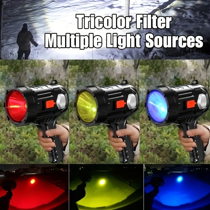 Flashlight 2000-Lumen Solar and USB-C Searchlight with Six Modes, Color Filters and USB Power Output
