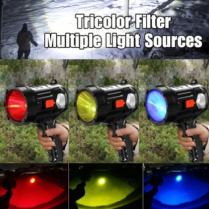Flashlight 2000-Lumen Solar and USB-C Searchlight with Six Modes, Color Filters and USB Power Output