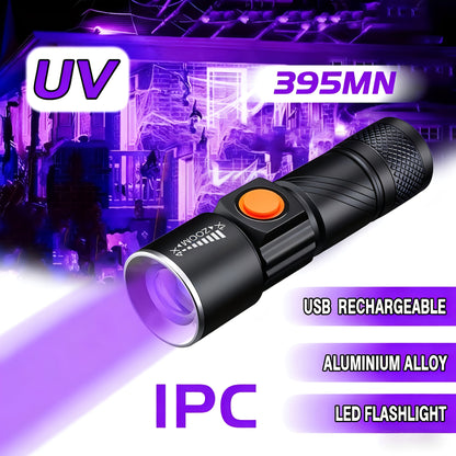 UV Flashlight Black Light 395nm USB Rechargeable - Ultraviolet Torch with 3 Modes for Pet Stain Detection