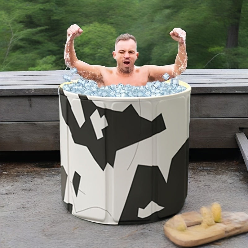 Round Foldable Adult Soaking Tub in Black-and-White Geometric Pattern with Freestanding Support Frame and Drain