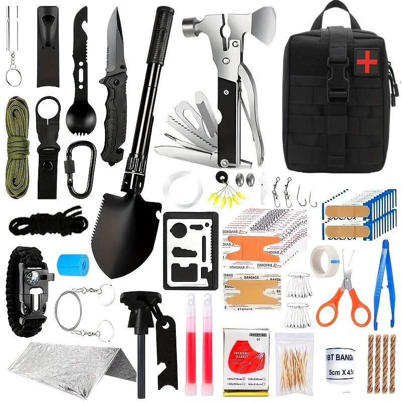 Emergency Survival Kit with MOLLE-Style Bag, Pictured Multi-Tool and First-Aid Assortment in Two Colors