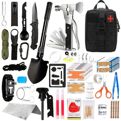 Emergency Survival Kit with MOLLE-Style Bag, Pictured Multi-Tool and First-Aid Assortment in Two Colors