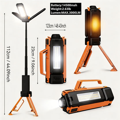 Camping Light & Work Light 3000 Lumens – Cordless LED with 3 Adjustable Heads, 8000/14500mAh Rechargeable Battery