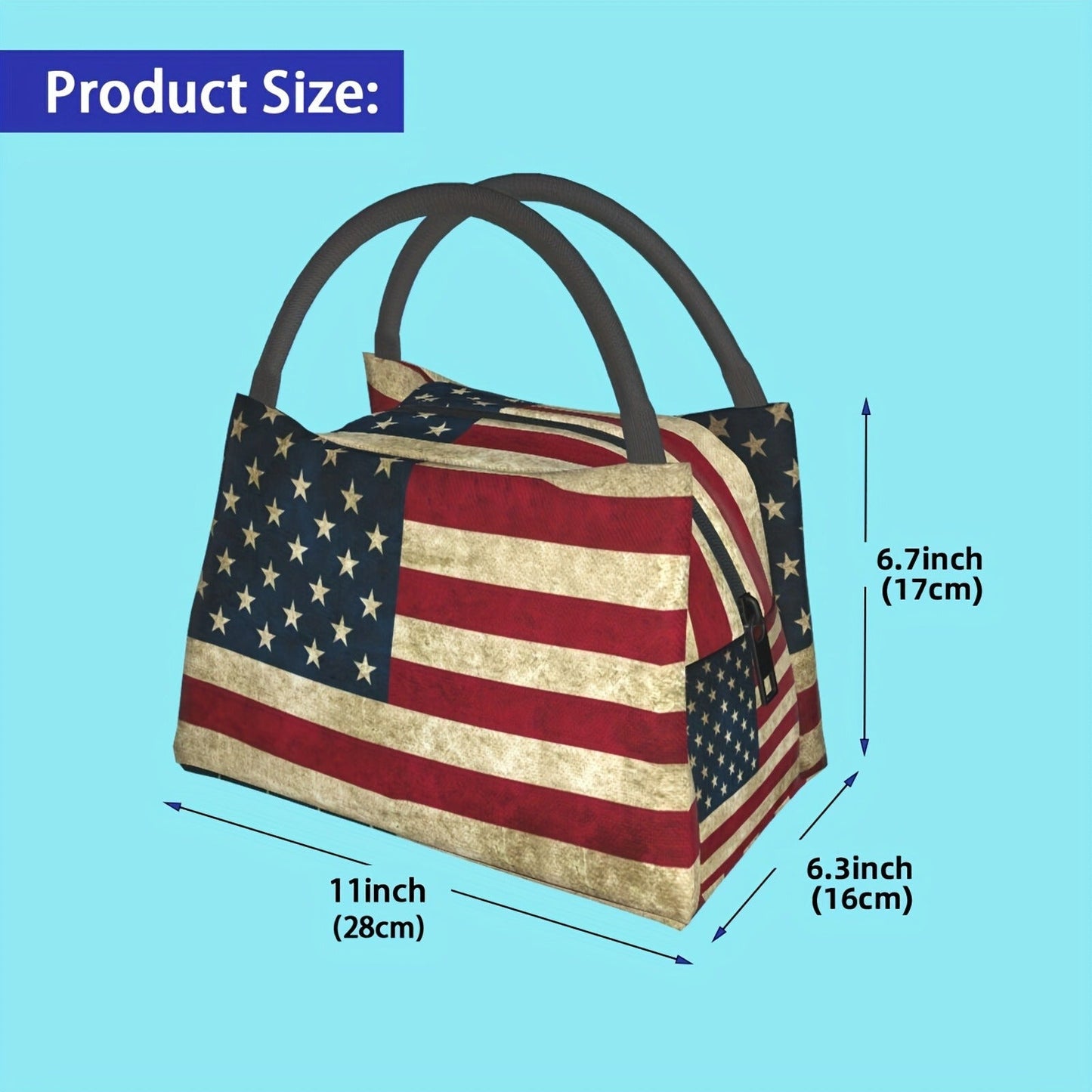 Retro Insulated Lunch Cooler Bag 11"x6.3"x6.7" Portable Reusable Independence Day Themed Leakproof Lunch Box for Camping Picnic Beach Office