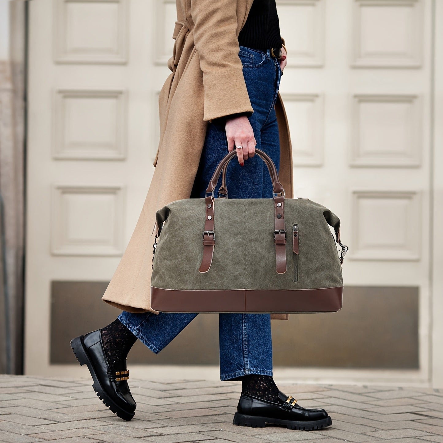 Canvas Weekender Bag Large Capacity Travel Duffel Overnight Bag Zipper Canvas Holdall Tote Satchel Handbag for Men Women Black Navy Army