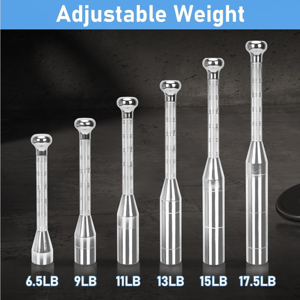 Fitness Equipment Adjustable Silver Steel Club with 6.5 to 17.5 lb Threaded Weight Configurations