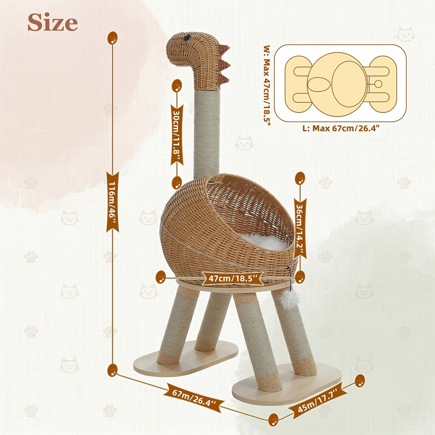 Dinosaur Cat Tree Tower 46 Inch – Large Rattan Cat House with 4 Sisal Scratching Posts, Wicker Bed & Removable Mat
