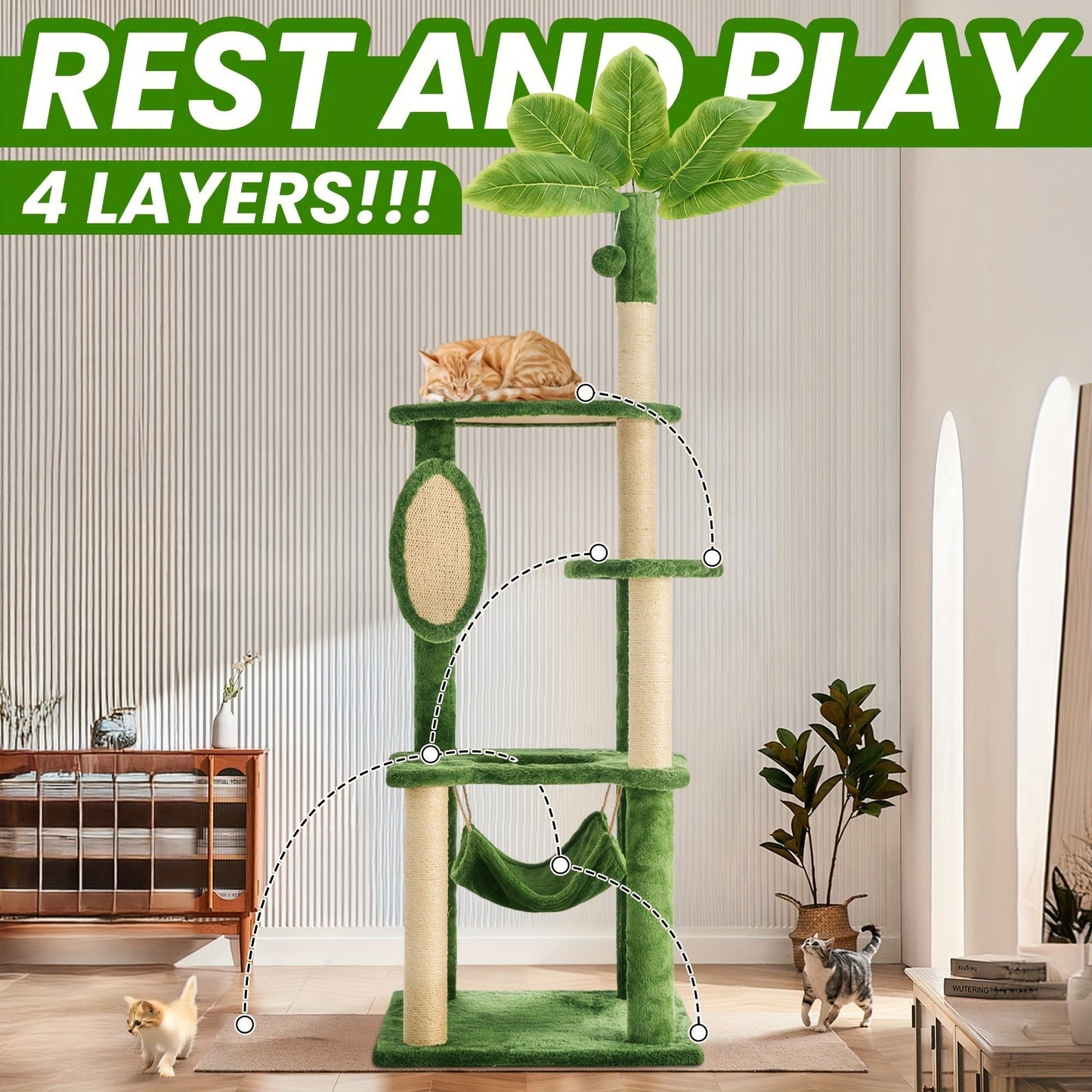 55-Inch Plant-Style Cat Tree with Platforms, Round Pass-Through Perch, Hammock and Four Colors