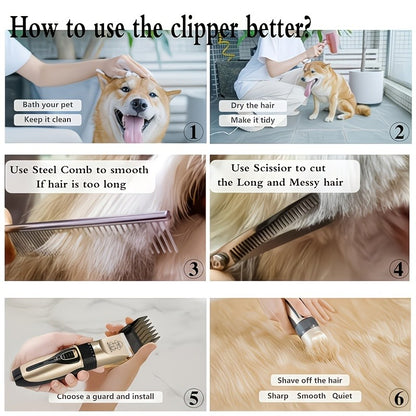 Pet Hair Trimmer USB Rechargeable Wireless Clipper for Dogs & Cats – Low Noise Electric Grooming Scissors, Lithium Battery