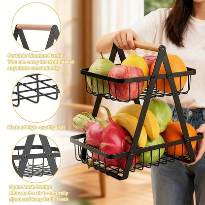Fruit Basket Kitchen Organizer 2 or 3 Tier Metal Stand with Removable Wooden Handles for Countertop