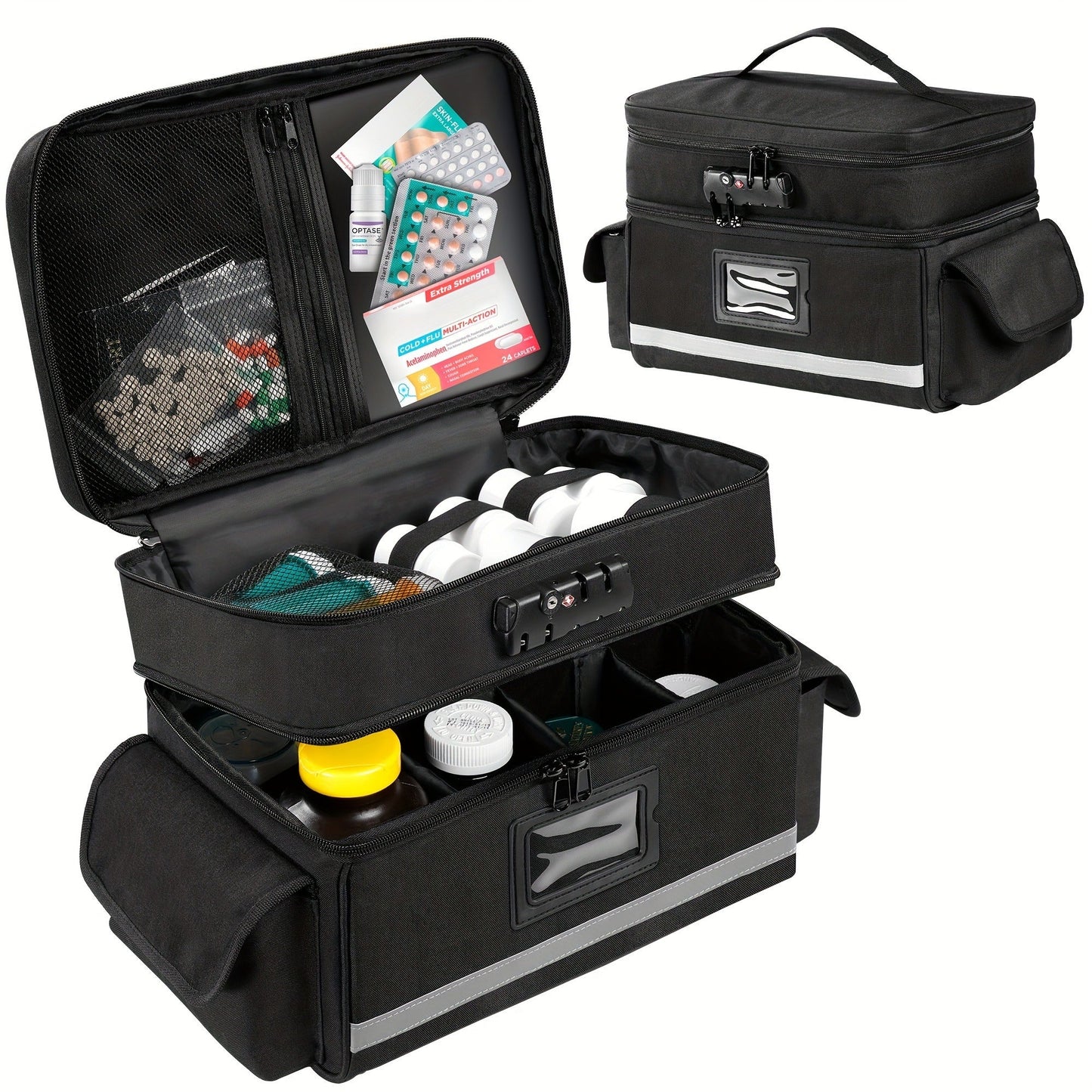 Lockable Medicine Organizer Bag with Combination Lock, Double-Layer Large Capacity Pill Bottle Storage Case for Prescription Bottles First