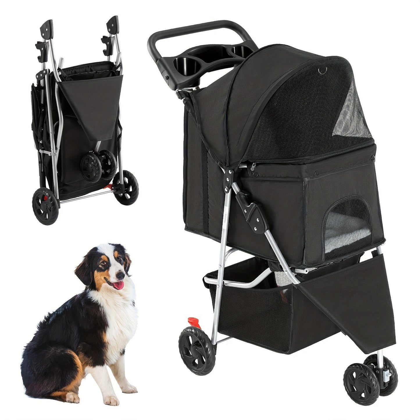 3-Wheel Pet Stroller for Small & Medium Dogs Cats – Foldable Jogger Stroller with Weather Cover, Storage Basket & Cup Holder