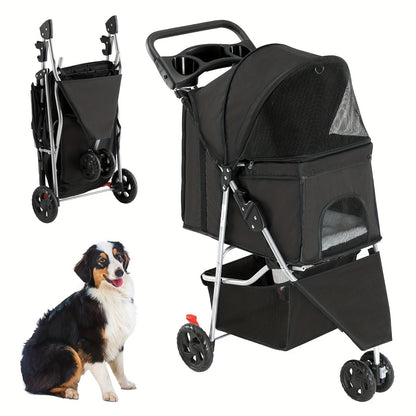 3-Wheel Pet Stroller for Small & Medium Dogs Cats – Foldable Jogger Stroller with Weather Cover, Storage Basket & Cup Holder