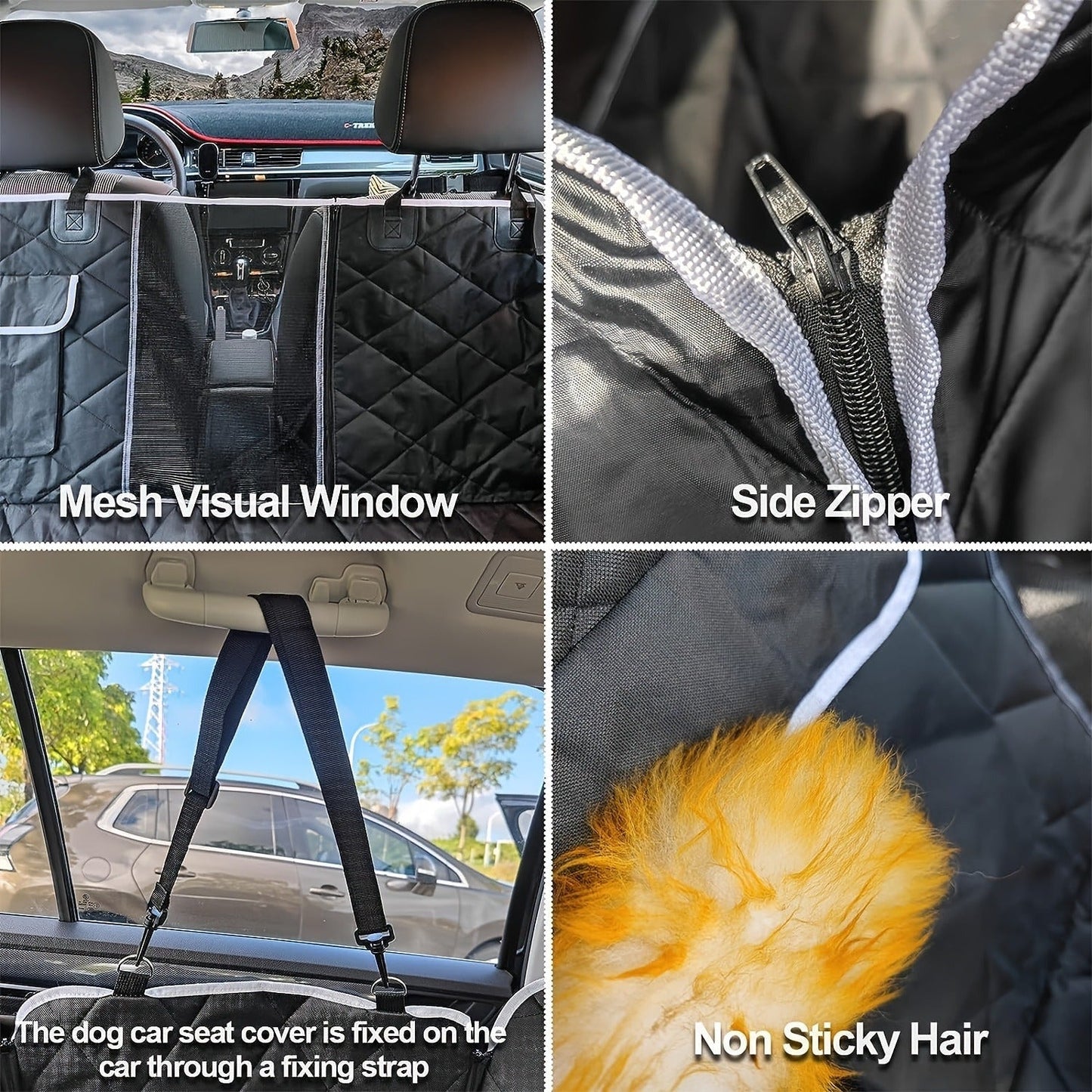 Gray Black Quilted Dog Car Back Seat Hammock with Mesh Window, Storage Pockets and 54 x 58 Inch Fit
