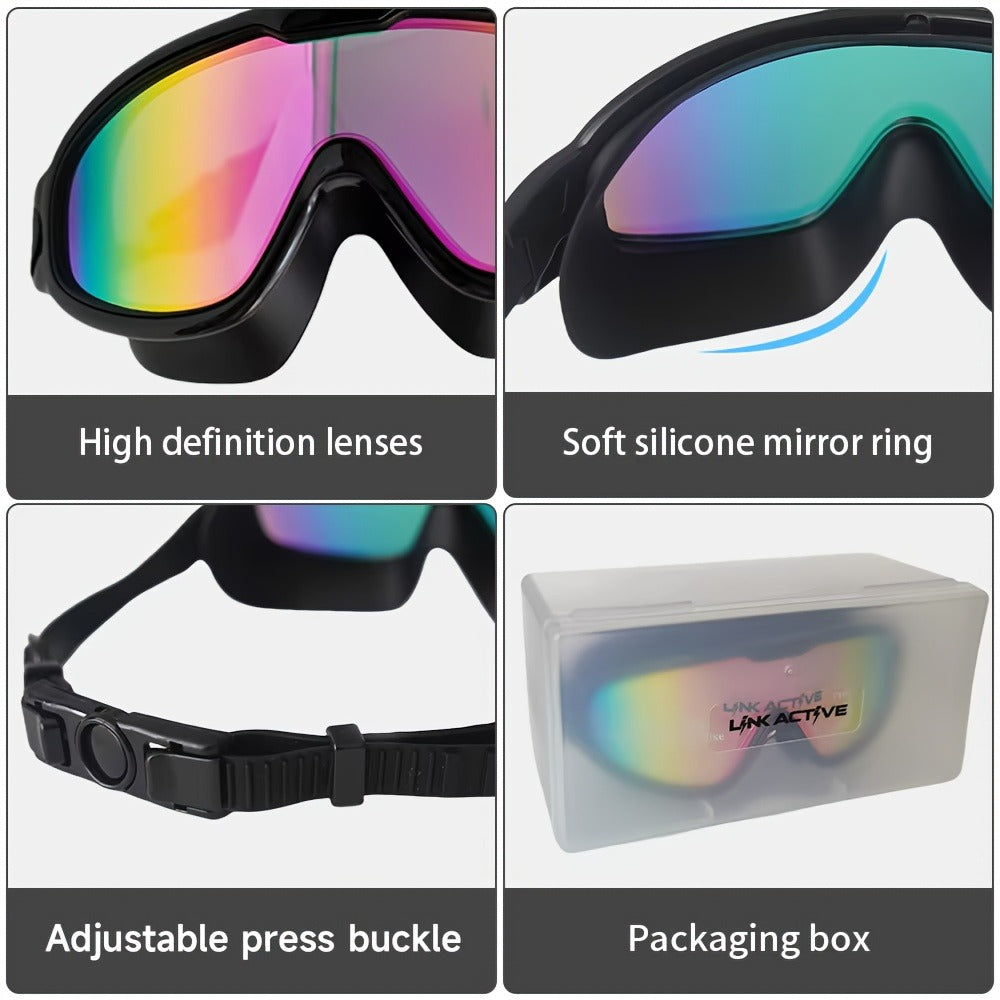 Swimming Goggles Set 6-in-1 with Case & Waterproof Bag – UV Protection Iridescent Coated PC Lens, Silicone Strap, PU Swim Cap