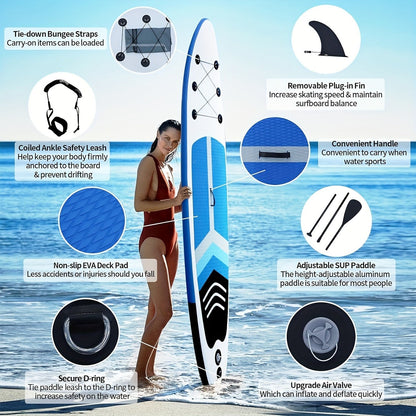Inflatable Stand Up Paddle Board SUP Yoga Board 124'' x 31'' Wide Stance Non-Slip Deck with Paddle Pump Leash Carry Bag for Teens Adults