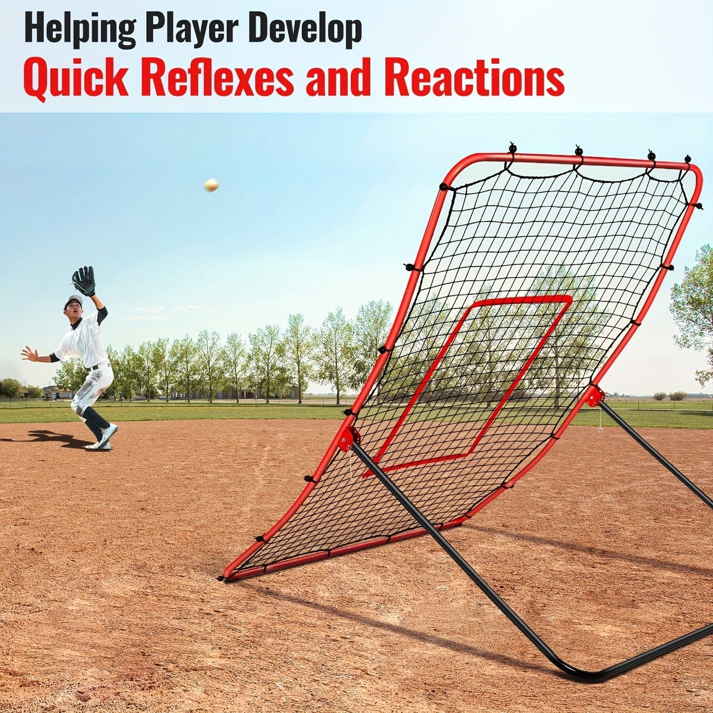 Adjustable Baseball Pitchback Rebounder Net with Red Target, 48 x 68 Inch Frame and Five Angles