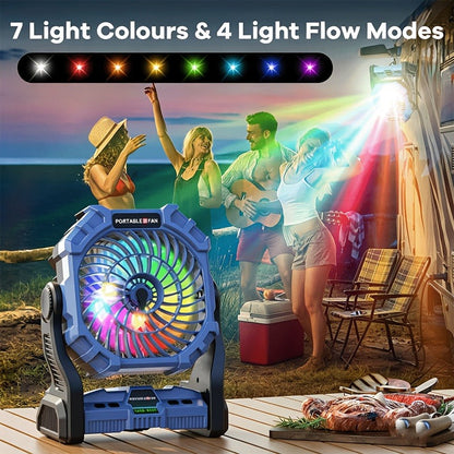 Rechargeable Camping Fan 20000mAh with Misting, Power Bank, RGB Light, 4 Speeds & Tent Hook for Outdoor Use