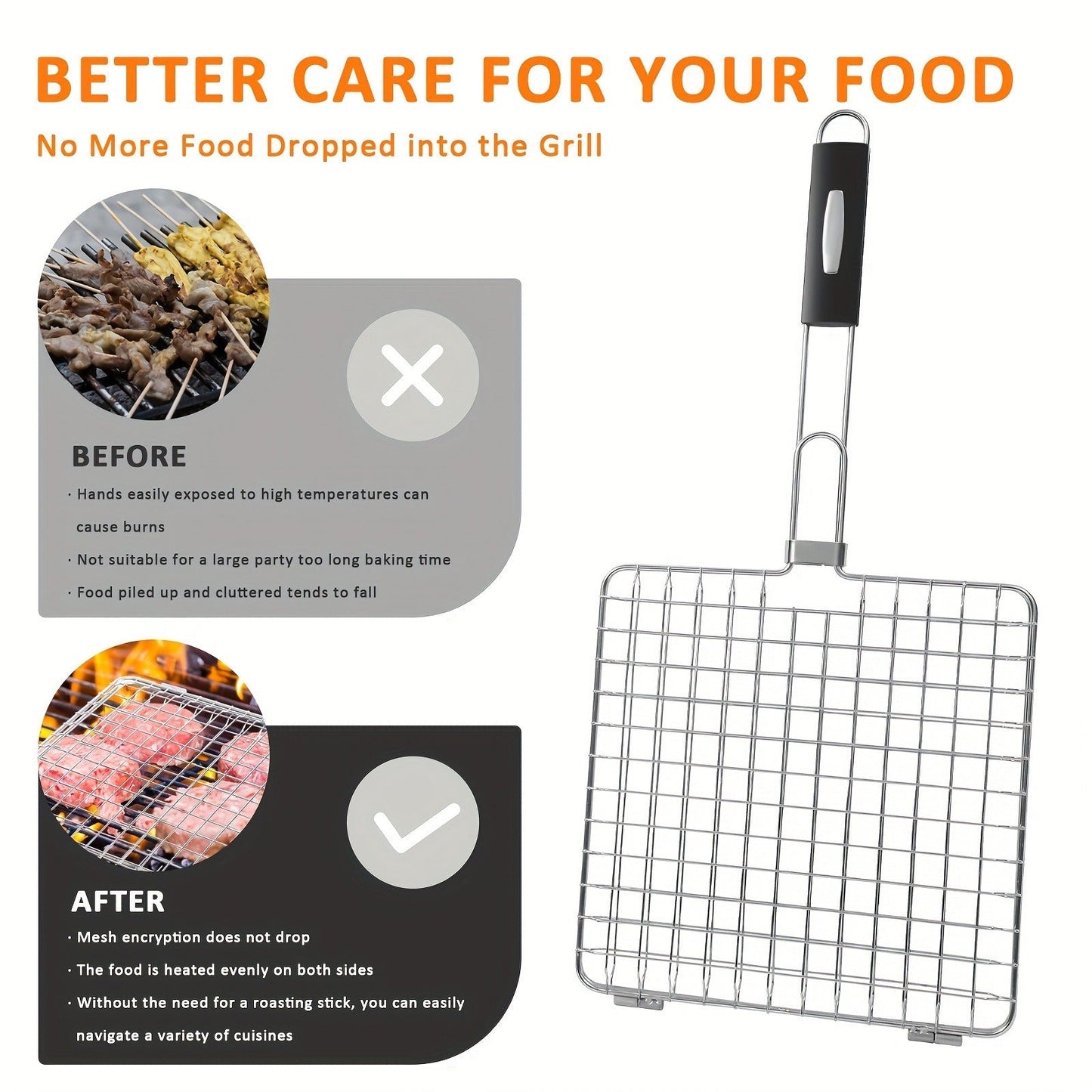 Grill Basket Stainless Steel Folding BBQ Grilling Basket for Fish Chicken Vegetables Shrimp Portable Outdoor Camping Barbecue Accessory 3