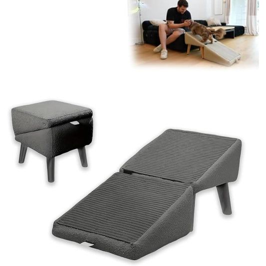 Dog Ramp 2-in-1 Foldable Ottoman Pet Stairs for Sofa Bed, Solid Wood Frame Heavy-Duty Small Dog Steps with Anti-Scratch Rounded Edges