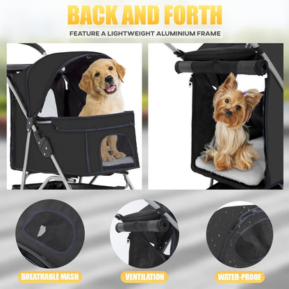 4-Wheel Pet Stroller with Cup Holder & Storage Basket | Portable Breathable Cat Dog Stroller, Smooth-Rolling Outdoor Pram