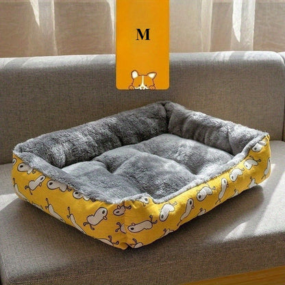 Printed Rectangular Pet Bed with Raised Perimeter in Four Sizes and Two Color-Pattern Options