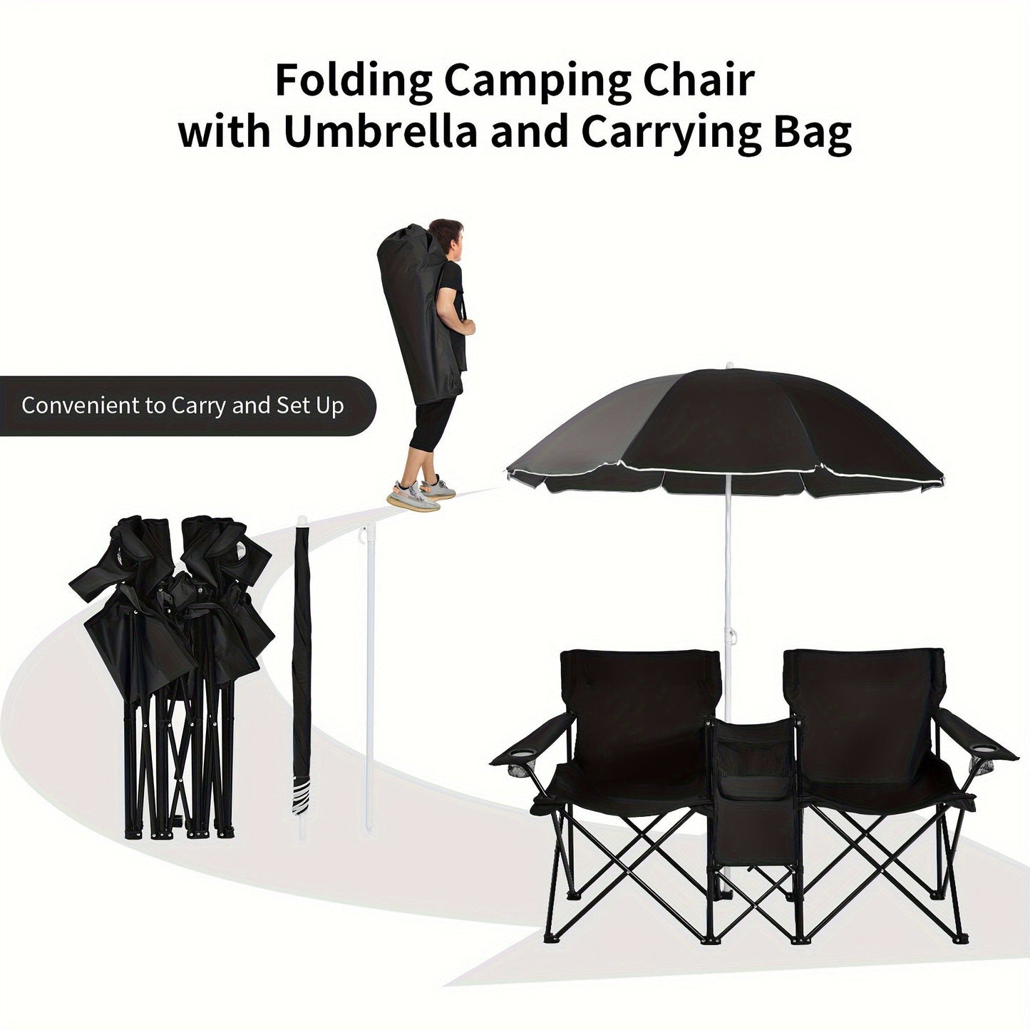 Folding Picnic Chair Set for 2, Umbrella, Cooler Bag & Table, 600 Lbs Capacity, Portable, for Camping, Travel and Outdoor Use