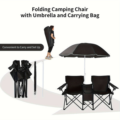 Folding Picnic Chair Set for 2, Umbrella, Cooler Bag & Table, 600 Lbs Capacity, Portable, for Camping, Travel and Outdoor Use