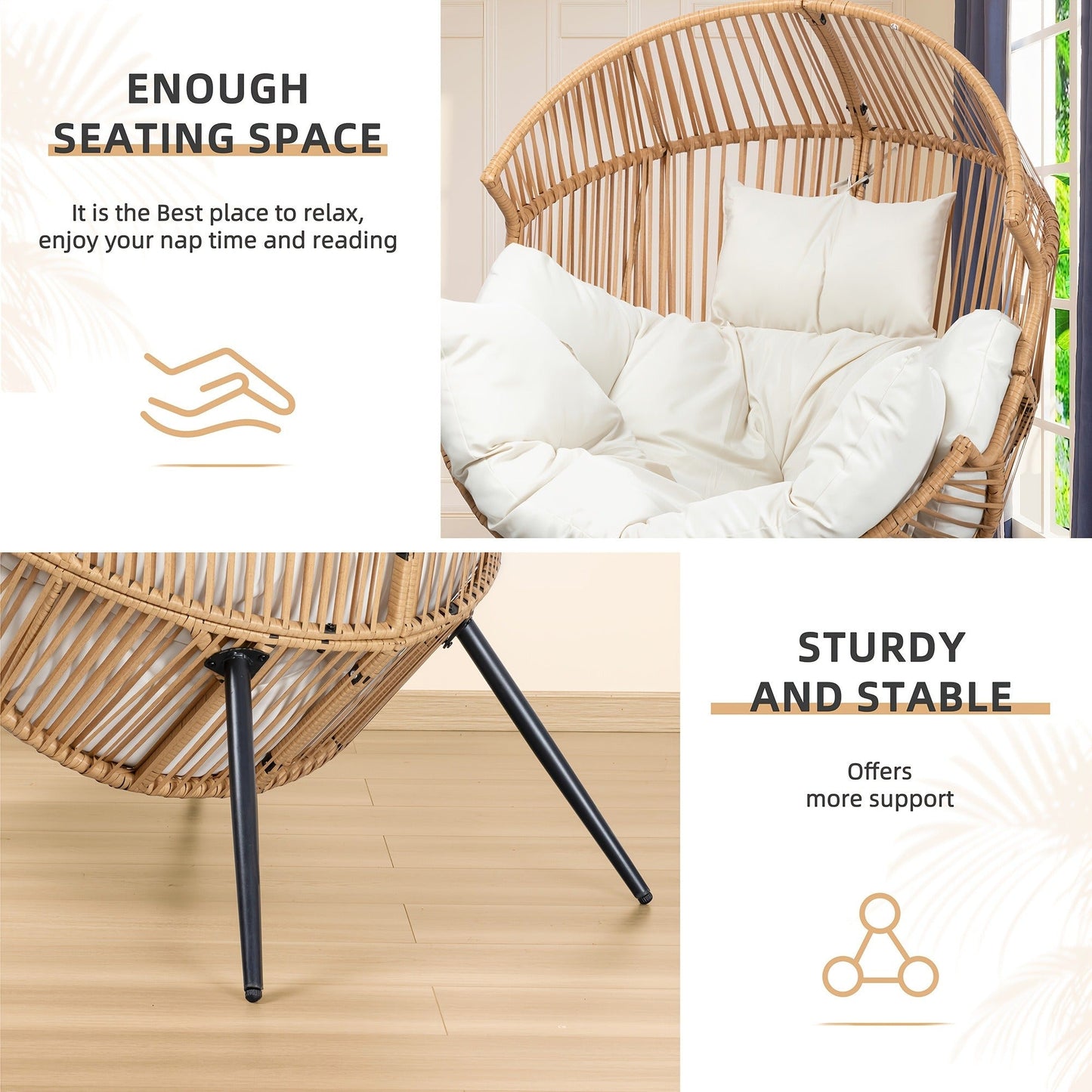 Egg Chair Outdoor Wicker PE Rattan Oversized Patio Lounge Chair with Cushion Rocking Egg Chair for Garden, Patio and Yard Use