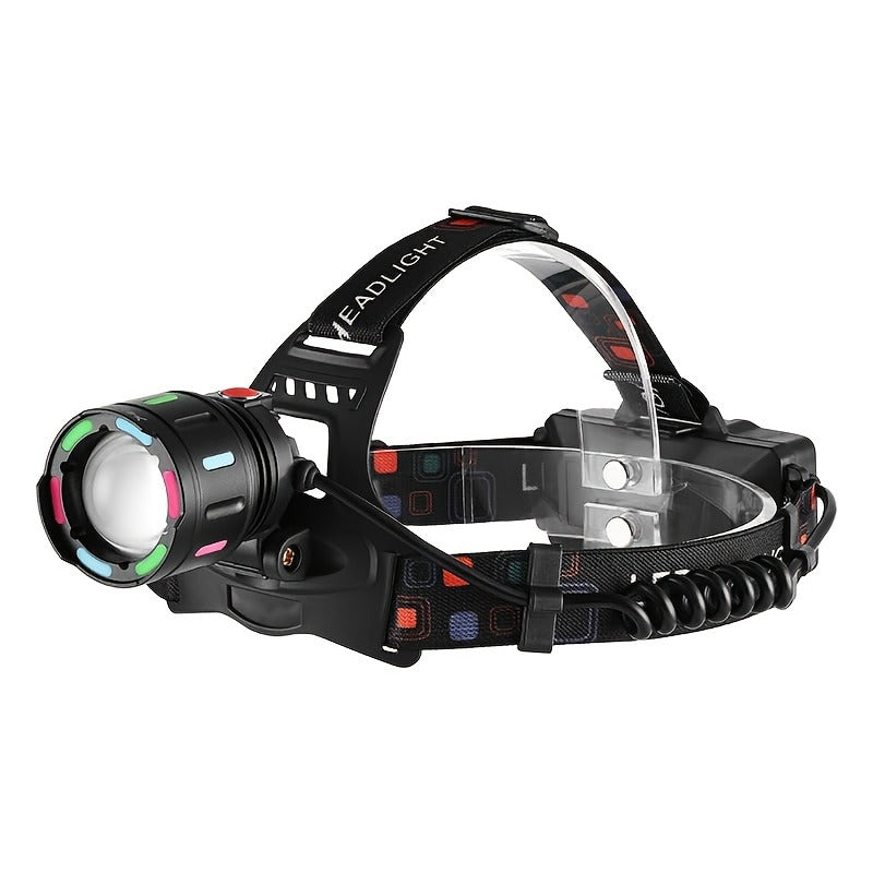 2000LM-Labeled Rechargeable Zoom Headlamp with Four Modes, 400m Beam Label, Rear Red Lamp and 90° Tilt