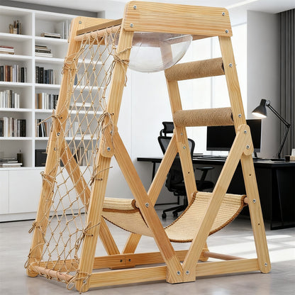 Cat Tree Triangle Cat Tower with Sisal Scratching Posts, Soft Hammock Bed & Hanging Feather Toys – Bamboo Stable Cat Climbing Tower