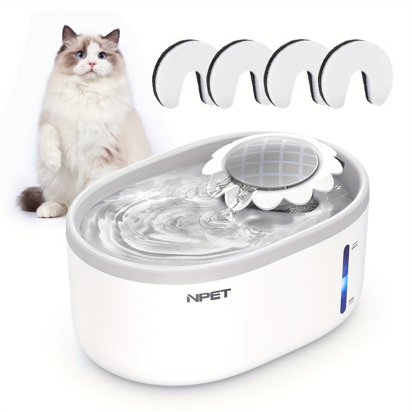 2L NPET Pet Water Fountain with Visible Water Level, PETNC010GW Filter Bundles and PETNC010YO-US Model