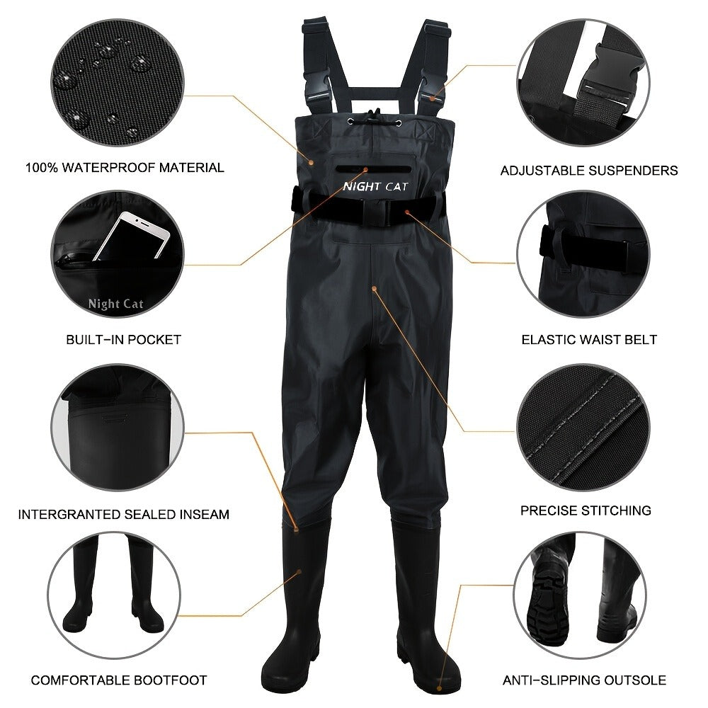 Waterproof Chest Waders for Men – Bootfoot PVC Fishing Suit with H-Back Suspenders, Anti-Slip Rubber Boots | Sizes 7.5–13 | Ice Fishing