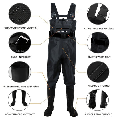 Waterproof Chest Waders for Men – Bootfoot PVC Fishing Suit with H-Back Suspenders, Anti-Slip Rubber Boots | Sizes 7.5–13 | Ice Fishing