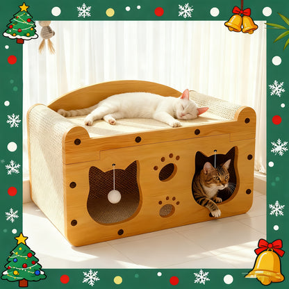 Large Cat House with Scratcher Pad & Plush Ball Toys, Ventilated Multi-Functional Indoor Outdoor Cat Shelter