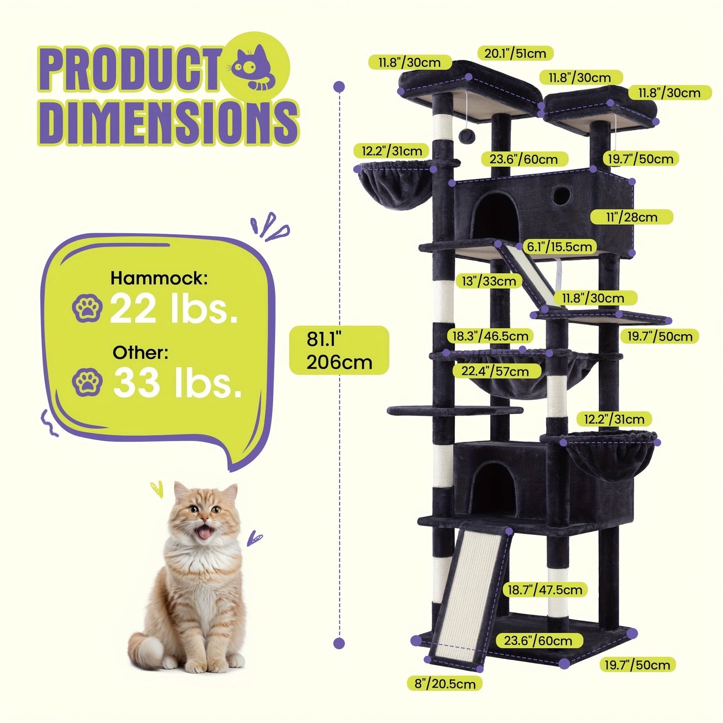 Multi-Level Cat Tree in 36-, 65-, 68- or 81-Inch Heights with Perches, Condo, Hammock and 30 Color, Pattern or Layout Options