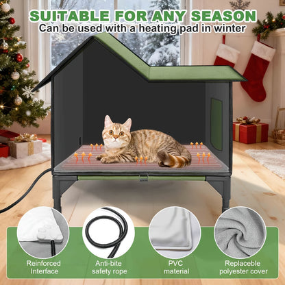 Elevated Cat House & Dog Bed with Detachable Heating Pad – Raised Outdoor Indoor Pet Bed for Cats Small Dogs