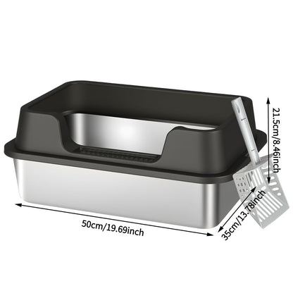 Stainless Steel Cat Litter Box with High-Wall Surround, Front Step, Scoop and 8.46- or 10.43-Inch Wall Options