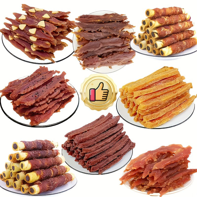 Dog Treats Duck Jerky, Chicken Pieces and Beef Sausage Assortment with Four Retained Flavor Options