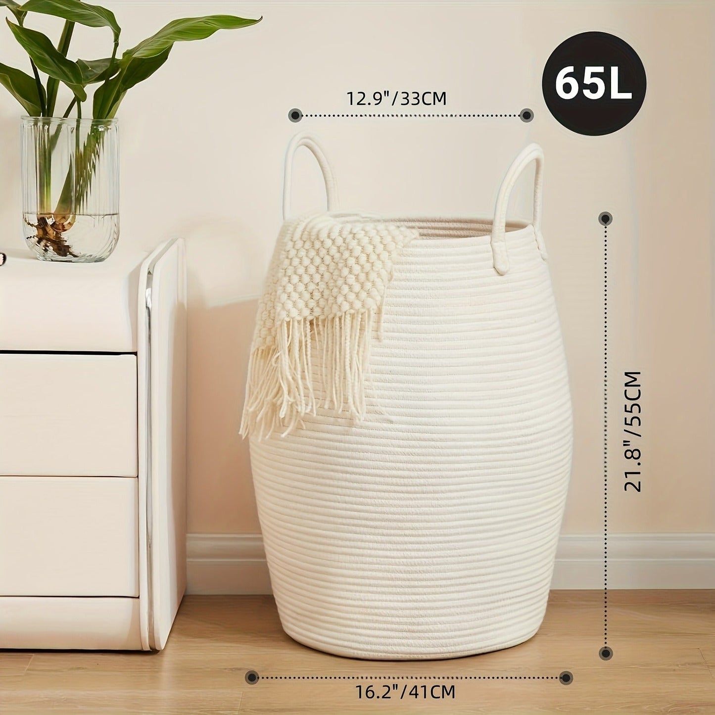 Laundry Basket Foldable Boho Hamper 22" Tall Oval Fabric with Long Handles Decorative Tassels Bedroom Bathroom Closet Storage