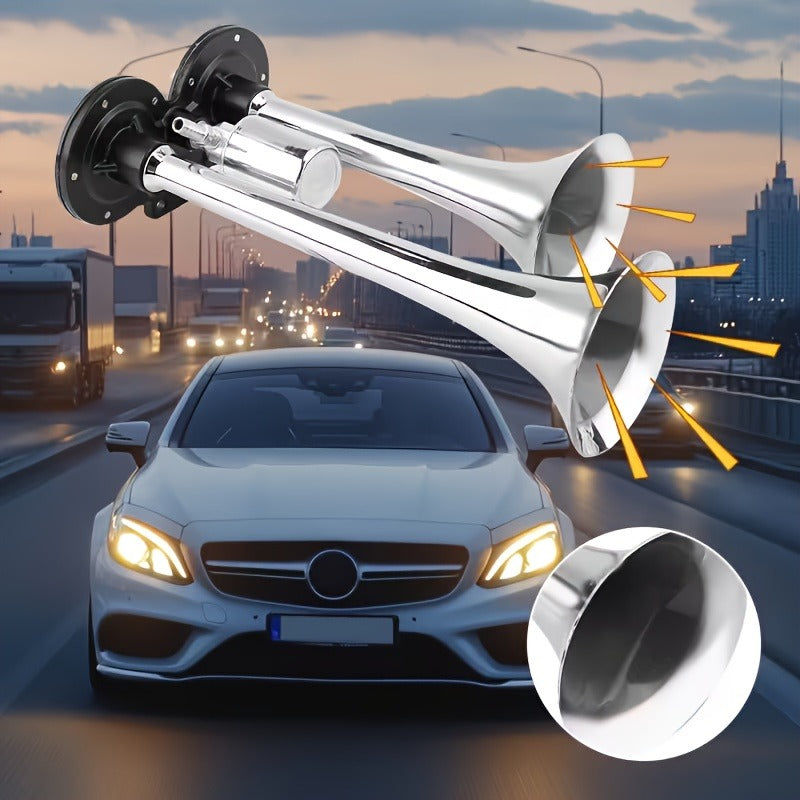 Dual Air Horn Kit 12V/24V 105-137dB with Air Compressor – Super Loud Aluminum Alloy Trumpet Horn for Truck, Train, SUV, Motorcycle