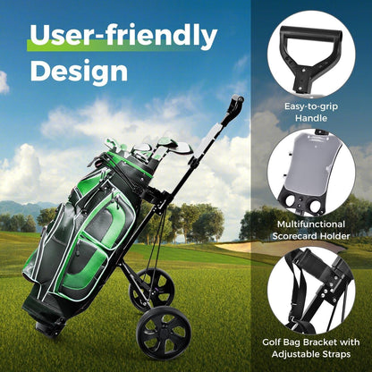 Foldable 2 Wheel Golf Push Cart Trolley with Scoreboard – Lightweight Steel Frame Pull Cart with Adjustable Handle, Score Counter