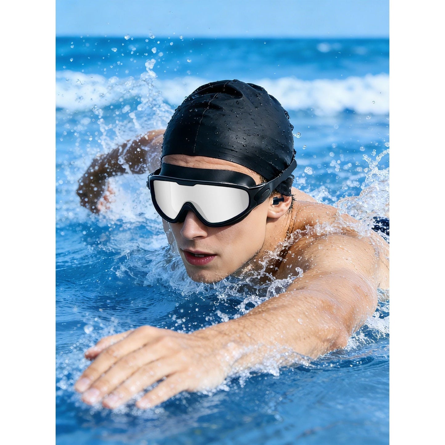 Two-Pack Mirrored Swim Goggles with Wide Lenses, Adjustable Straps, Earplugs, Nose Clip and Storage Case