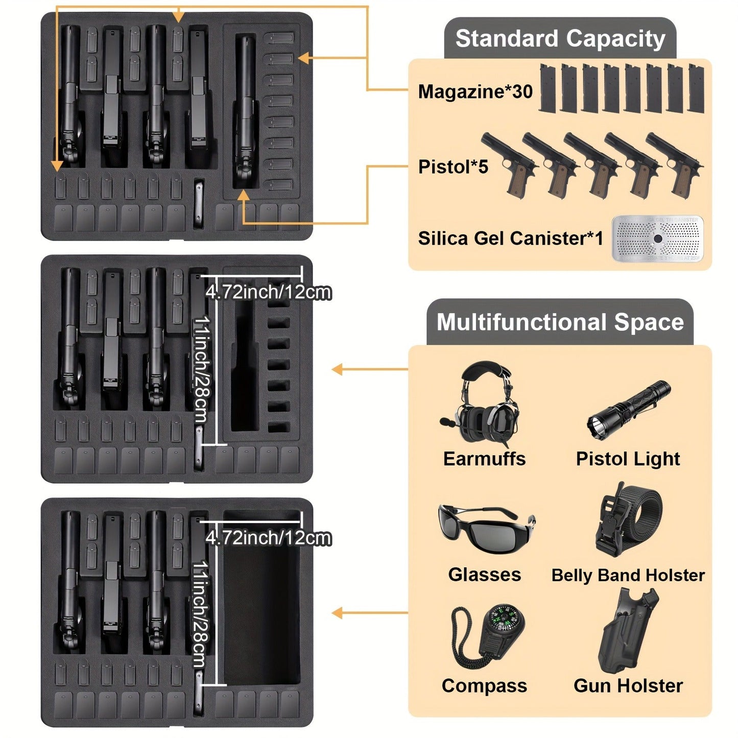 Hard Pistol Case Holds 5 Handguns & 30 Magazines – Lockable Travel Gun Case with Pre-Cut Foam, Silica Gel Canister, ABS Hard Shell